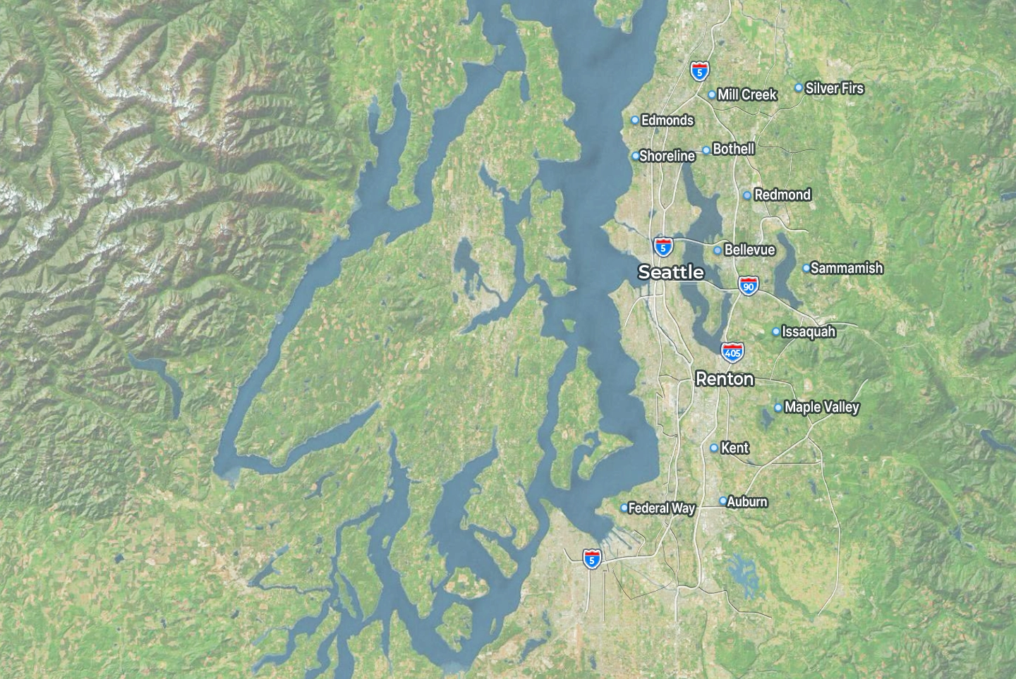 Instant Garage Doors Service Map: Renton, Seattle, Bellevue, and surrounding King County areas.